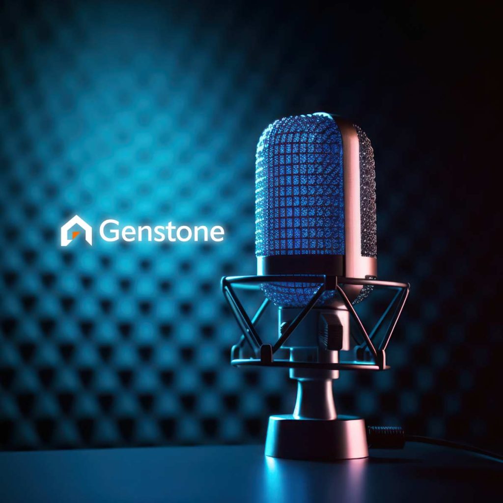 Studio microphone lit in blue beside the Genstone logo